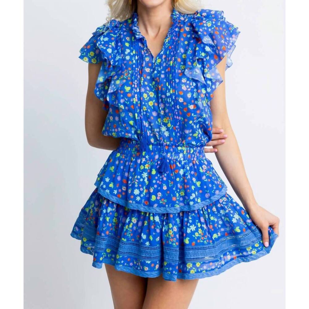 NEW KARLIE summer fruit floral v-neck dress in blue